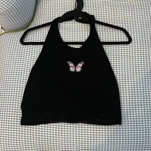 Pink butterfly black velvet halter top size S/M